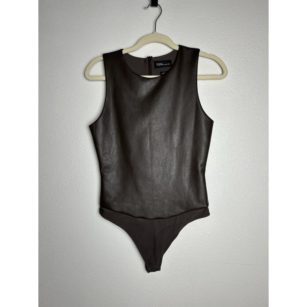 Aritizia Ten by Babaton Faux Leather Game Bodysuit Brown Sleevless Size Small
